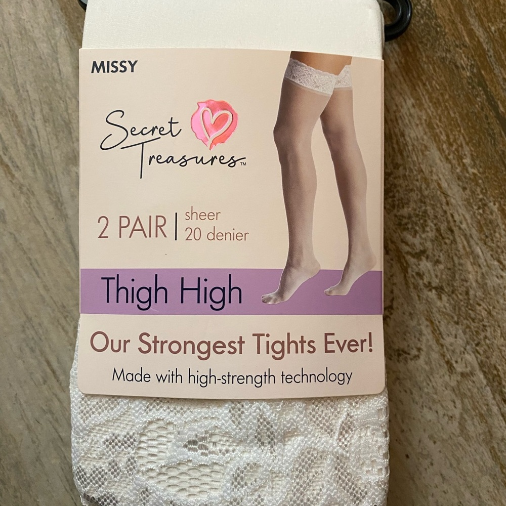 Lace trim thigh high stockings, White, One Size